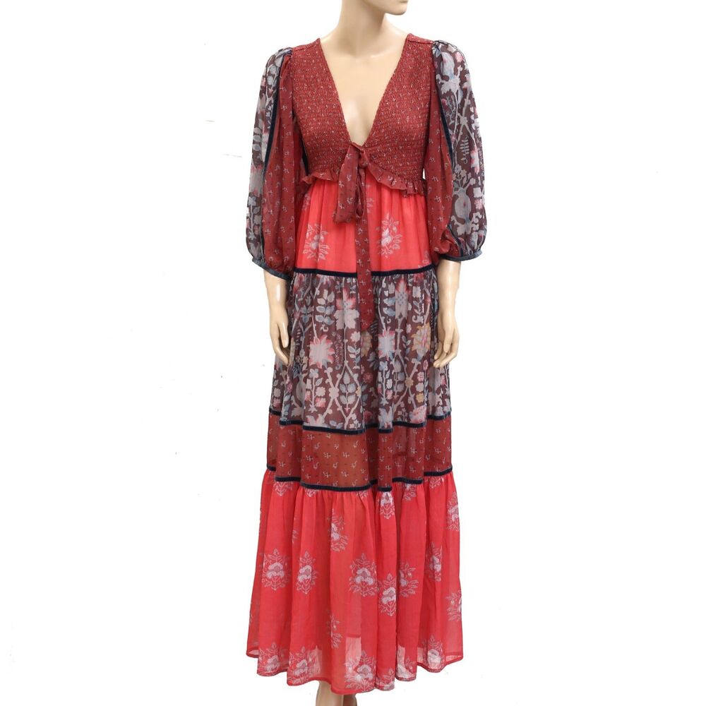 Free People Bali Laurel Maxi Dress Floral Printed Smocked Cutout Lace S 281221